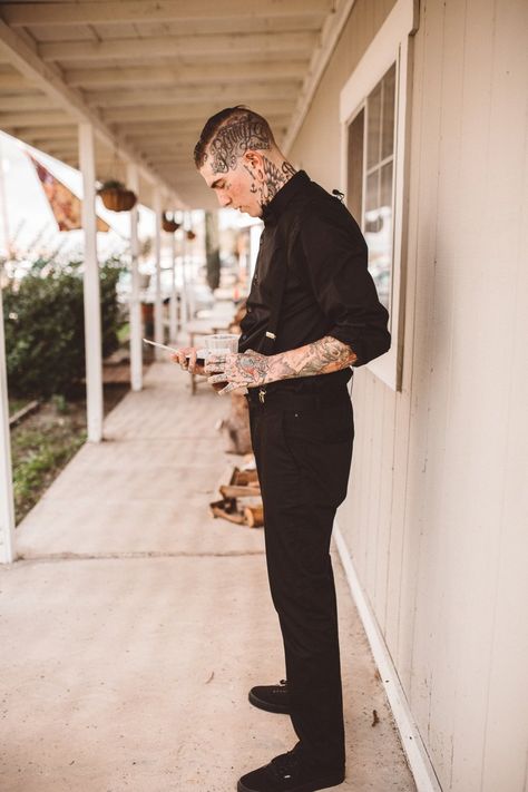 groom's outfit -voxamberlynn amber and daniel naughton Gothic Wedding Men, Goth Wedding Guest Outfit Men, Alternative Groom Attire Casual, Goth Wedding Men, Edgy Groom Attire, Salem Elopement, Alternative Groom Attire, Black Overalls Outfit, Alternative Groom