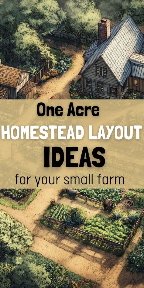 Illustrated homestead layout featuring a cozy cottage, dirt pathways, lush gardens, and verdant foliage. Text reads, "One Acre Homestead Layout Ideas for your small farm." One Acre Homestead Layout, Acre Homestead Layout, Layout Design Ideas, Homestead Layout, Self Sufficient Homestead, Permaculture Principles, Acre Homestead, Backyard Layout, Homestead Farm