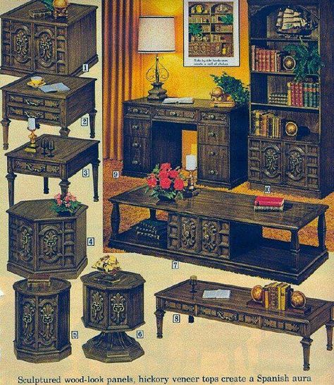 Ah, yes. Late mid-century to early '70s monstrosities. My grandma had some of these end tables, IIRC. Awful stuff, but kind of great at the same time. Furniture 70s, 70s Mom, Patterned Sofa, 1970s Furniture, 70s Furniture, 70s House, 1970s Decor, 70s Home, 70s Decor