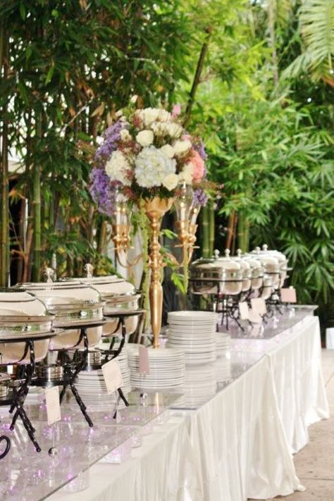 Elegant Buffets Outdoor Wedding Buffet Table Setup, Elegant Buffet Set Up, Elegant Wedding Buffet Ideas, Wedding Catering Ideas Buffet Tables, Wedding Buffet Table Setup, Elegant Buffet Table, Nikkah Event, Buffet Decor Ideas, Buffet Table Settings