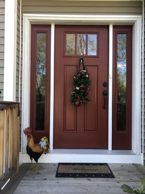 Brick Red Front Door Color, Dark Red Doors On Houses, Entry Door Paint Colors, 1940s Front Door, Red Exterior Doors, Dark Red Front Door, Maroon Front Door, Red Front Door Paint Color, Burgundy Front Door