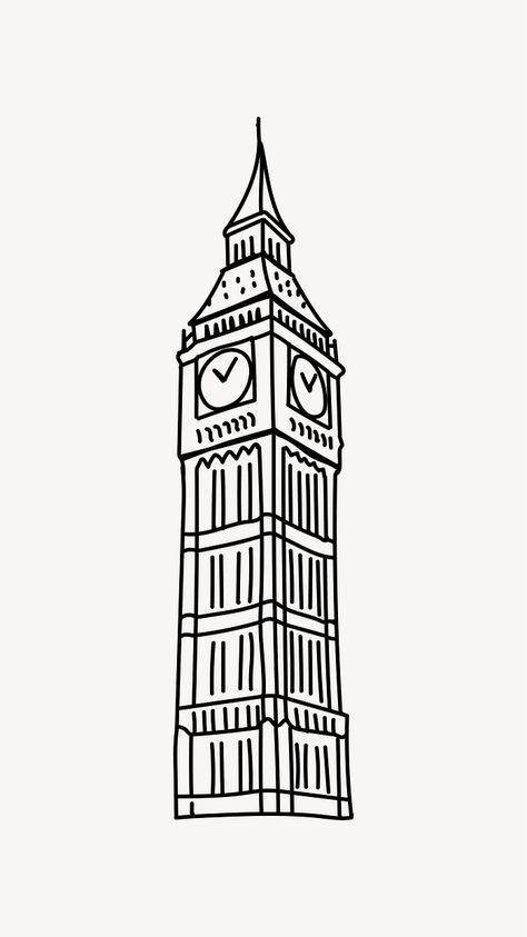 London Line Art, London Drawing Easy, London Illustration Graphics, Big Ben Dibujo, London Skyline Drawing, London Landmarks Illustration, Big Ben Illustration, London Doodles, Big Ben Tattoo