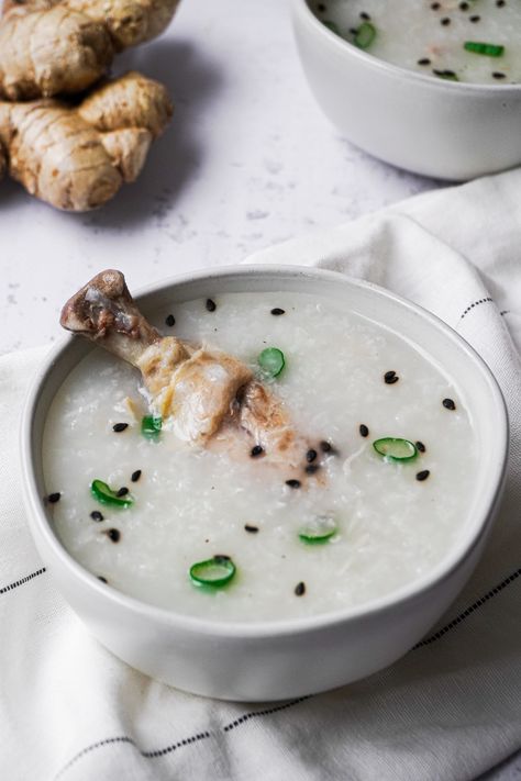 Instant Pot Chicken Congee - A Dash of Soy Instant Pot Congee, Chicken Congee, Chicken Porridge, Dried Scallops, Drumstick Recipes, Chicken Drumstick Recipes, Porridge Recipes, Rice Porridge, Lasagna Rolls