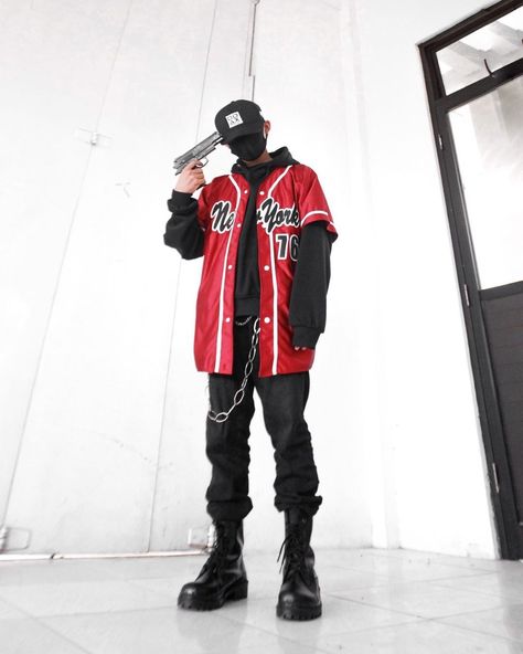 Male Streetwear Aesthetic, Red Black Outfit Ideas, Hypebeast Outfit Men, Hiphop Style Outfits, E-boy Outfit, Techno Streetwear, Goth Fashion Men, 90s Hip Hop Outfits, Alt Streetwear