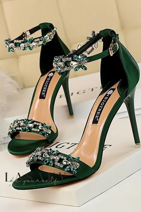 Lasaky - Elegant Ladies Stiletto Heeled Sandals featuring Luxurious Satin Upper and Dazzling Rhinestone Ankle Strap. Emerald Green Quinceanera Theme, Green Quinceanera Theme, Emerald Green Quinceanera, Summer Sandals Heels, Green Quinceanera, Green Quince, Quinceanera Theme, Hak Tinggi, Sequin Sandals