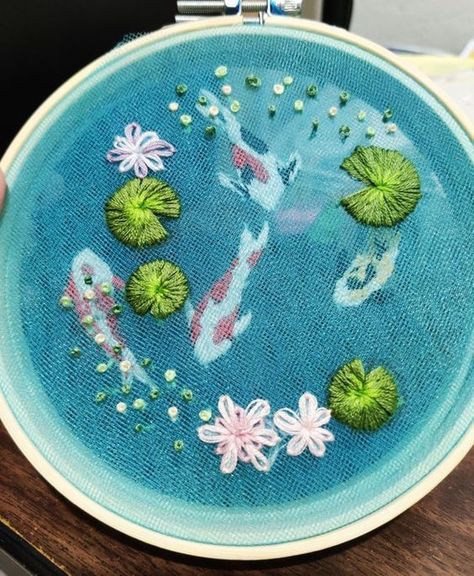 Fish Embroidery Pattern, Pond Embroidery, Koi Fish Embroidery, Fish Embroidery, Small Embroidery, Koi Fish Pond, Embroidered Art, Cute Embroidery, 자수 디자인