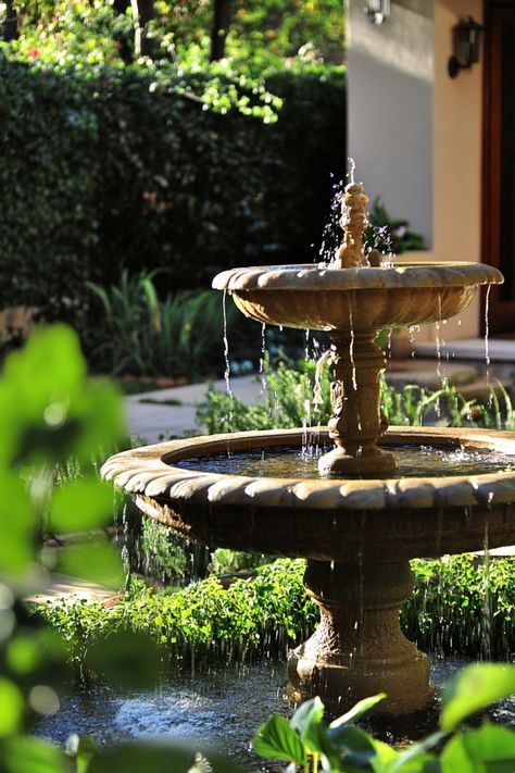 A stone fountain in a garden surrounded by greenery. Small Fountain Ideas Outdoor, Yard Fountain Ideas, Front Yard Fountain Ideas, Small Outdoor Side Table, Front Yard Fountain, Yard Fountain, Diy Front Yard, Front Yard Walkway, Small Front Yards