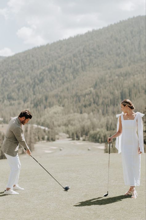 Golf Wedding Pictures, Golf Course Elopement, Engagement Shoot Golf Course, Golf Cart Engagement Photos, Golf Themed Engagement Photos, Golfing Engagement Photos, Golf Course Proposal, Golf Course Engagement Photoshoot, Golf Couple Photoshoot