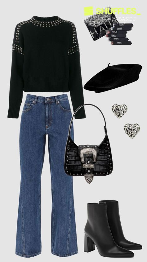 #outfitinspo #winteroutfit #outfitideas #studdedsweater #widelegjeans #ankleboots #vintage #y2k #casual #cute #everyday #businesscasual #stylish Fashion Trend Board, Workout Fits Women, Work Outfits Women Office, Jean Outfit, Studded Sweater, Y2k Casual, Casual Work Outfit, Over 50 Womens Fashion, Cute Winter Outfits