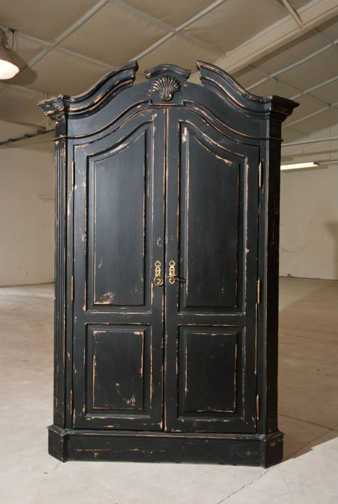 Black Distressed Black Armoire In Bedroom, Black Painted Armoire, Black Antique Cabinet, Black And White Armoire Painted Furniture, Black Wardrobe Closet, Navy Painted Furniture, Black Distressed Furniture, Black Chalk Paint Furniture, Refurbished Jewelry Armoire Black