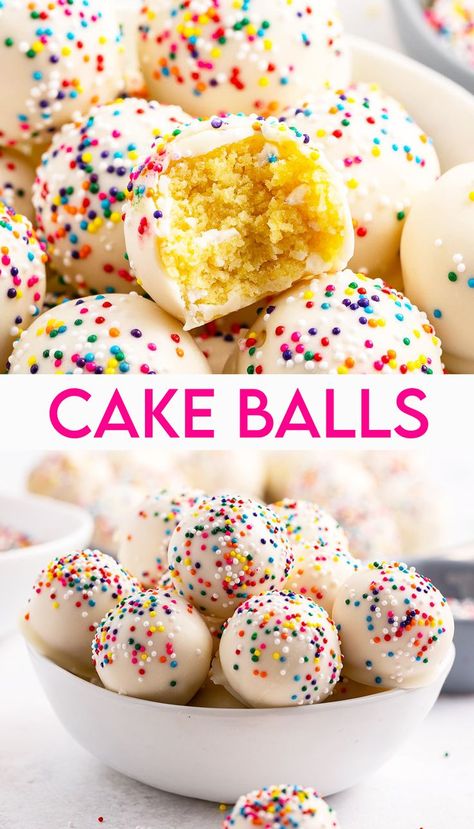 A collage of two photos of white chocolate covered cake balls, with small non pareil rainbow sprinkles all over them. Cake Balls With Leftover Cake, Gluten Free Cake Balls, Cakeballs Recipes, Cake Balls Ideas, Cake Balls Recipe Easy, No Bake Cake Balls, Cake Ball Ideas, Vanilla Cake Balls, Spice Cake Balls