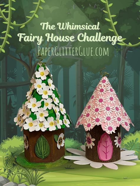 Make Easy Fairy Houses for the Whimsical Fairy House Challenge - Paper Glitter Glue Toilet Paper Fairy House, How To Make A Fairy House, Fairy House Diy Kids, Miniature Houses Diy, Faerie Village, Fairy Houses Diy, Fairy Event, Fairies House, Christmas Fairy House