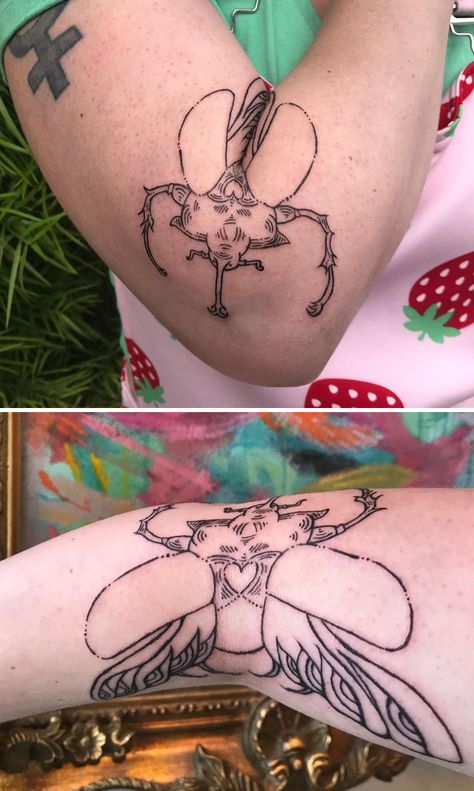 Beetle Arm Crease Tattoo, Elephant Beetle Tattoo, Color Beetle Tattoo, Beetle Knee Bend Tattoo, Beetle Arm Tattoo, Beetle Tattoo Elbow, Beetle Elbow Tattoo, Cartoon Bug Tattoo, Beetle Tattoo Side Of Knee