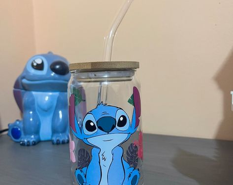 Stitch Glass Cup, Stitch Cups, Stitch Cup, Cups Ideas, Stitch Birthday, Stitch Stuff, Disney Cups, Sleepover Things, Diy Glass Bottle Crafts