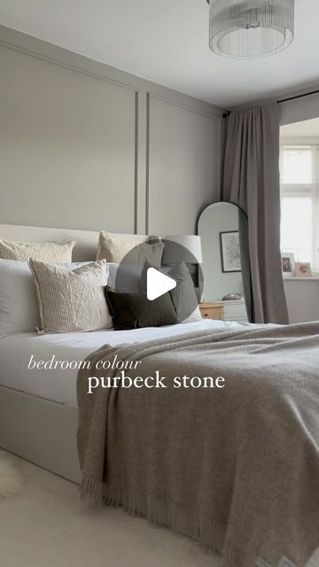 Sarah Heard ✨ on Instagram: "one of my most asked questions in our bedroom has to be the new paint colour. It’s Purbeck Stone by Farrow and Ball. Such a great colour - it’s paired with ammonite on the other walls and it just gives the back wall a bit more of a contrast against the bed!   Don’t get me wrong choosing this paint took weeks…we must’ve had about 10 different colours in our heads. Glad we went with this one though, has anyone else used this colour?  Post contains pr items - tagged   #bedroommakeover #bedroomdecor #purbeckstone #farrowandball #interiordesign #newbuildhome #masterbedroom #homedecor #loafhome #panellinginspo #bedroompanelling #panelling #dadorail #myhomeinterior #myhomevibe #homeideas #homeimprovements #diypanelling #homeremodel #homerefresh" Purbeck Stone Farrow And Ball, Farrow And Ball Purbeck Stone, Ammonite Farrow And Ball, Farrow And Ball Bedroom, Purbeck Stone, New Paint Colors, Dado Rail, Most Asked Questions, Farrow And Ball