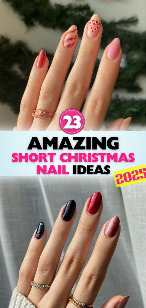 Looking for elegant short Christmas nail ideas? Explore chic, festive designs that bring holiday cheer to your fingertips with a touch of sophistication and style. Minimal Christmas Nails Almond, Rounded Christmas Nails, Holiday Nail Art Short Nails, Holiday Short Nails Christmas, Christmas Cruise Nails, Short Oval Christmas Nails, Squoval Christmas Nails, Short Round Christmas Nails, Holiday Short Nails