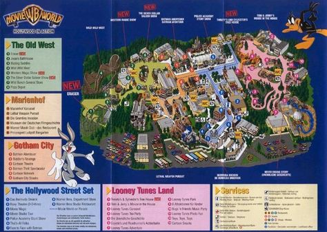 Theme Park Brochures Warner Bros. Movie World - Theme Park Brochures Park Brochure, Disney World Map, Map Brochures, Indoor Amusement Parks, Hollywood Street, World Map Printable, Movie World, Theme Parks Rides, Park Design