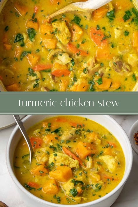 This turmeric chicken stew is the perfect healthy, high-protein, one-pot meal for a cold day. Plus, leftovers keep well in the fridge and freezer making it great for meal prep. Turmeric Chicken Stew, Chicken Tumeric Stew, Tumeric Soup Recipe, Tumeric Chicken Soup, Chicken And Sweet Potato Soup, Chicken Sweet Potato Soup, Healthy Chicken Stew, Turmeric Chicken Soup, Chicken Sweet Potatoes