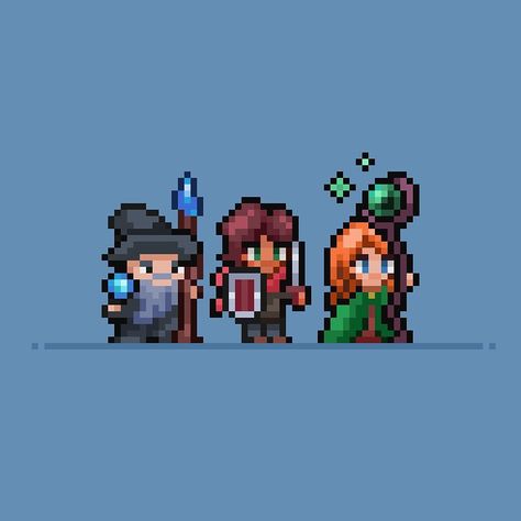 The mage, the knight, and the healer [16x32 sprites]. This is my first time drawing character designs with pixel art. How’d I do? - - - #pixelart #aseprite #rpg 32 Pixel Character, 32 Pixel Art, Pixel Art Character Base, 16 X 16 Pixel Art, 32x32 Pixel Art Characters, Pixel Art Illustration, Pixel Game Character, Pixel Art Characters 32x32, Pixel Art Person