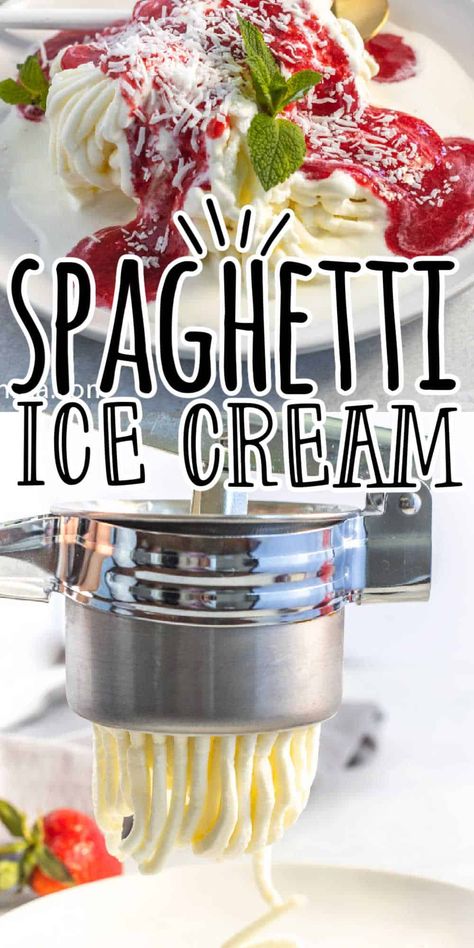 Spaghetti Ice cream, also known as Spaghettieis is a german ice cream dish that is made with ice cream and homemade strawberry sauce to look like a plate of spaghetti. An easy and fun ice cream treat that the kids will love. Vegan Frozen Dessert, Ice Cream Sundae Recipe, Spaghetti Ice Cream, Plate Of Spaghetti, Cream Spaghetti, Ice Cream Strawberry, Ice Cream Sauce, Sundae Recipes, Fun Ice Cream