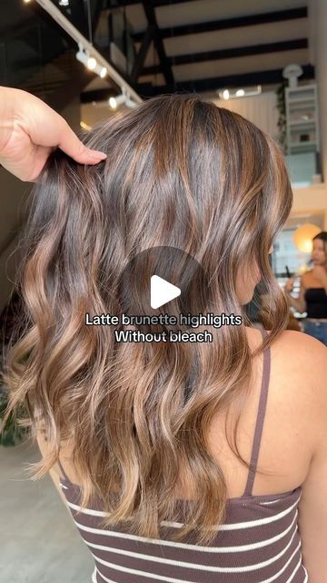 Hair Color Ideas For Brunettes Without Bleach, Brown Latte Hair, Latte Brunette Highlights, Latte Brunette Balayage, Latte Brown Hair Color, Balayage Without Bleach, Highlights Without Bleach, No Bleach Highlights, No Bleach Balayage