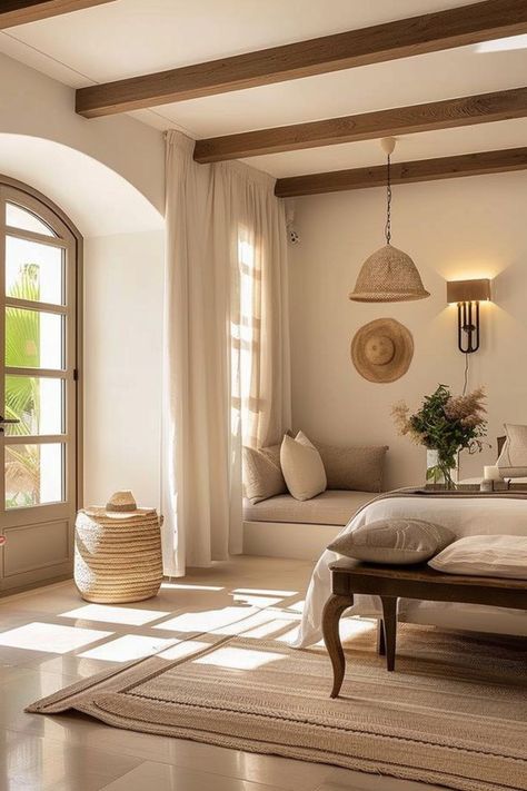 Master Bedrooms Italian, Bedroom Mediterranean Style, Stone Floor Bedroom, Spanish Interior Design Bedroom, Spanish Bedroom Decor, Modern Spanish Mediterranean Homes, Spanish Mediterranean Bedroom, Mediterranean Interior Design Bedroom, Home Spanish Style