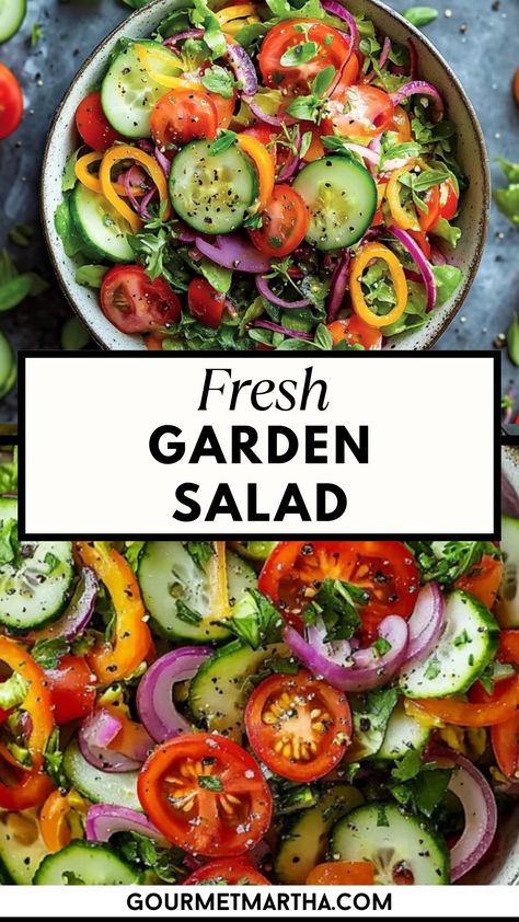 This vibrant Fresh Garden Salad is bursting with crisp vegetables, juicy tomatoes, and a light, zesty dressing. Perfect as a side dish or a healthy main, it's the ultimate fresh and wholesome meal to enjoy any time of day. Save this recipe for an easy dinner #gardensalad #freshsalad #easyrecipes #saladrecipes #healthyliving #vegetarianrecipes #veggies #healthysalad #quickmeals #cleaneating #homemade #mealprep Salads Recipes No Meat, Salads For Work Lunch Meal Prep, Dinner Side Salads, Simple Vegetable Salad, Healthy Salad Prep, Best Salads For Diabetics, Lunch Salad Ideas Vegetarian, Veggie Salad Recipes Without Lettuce, 30 Days Of Salads