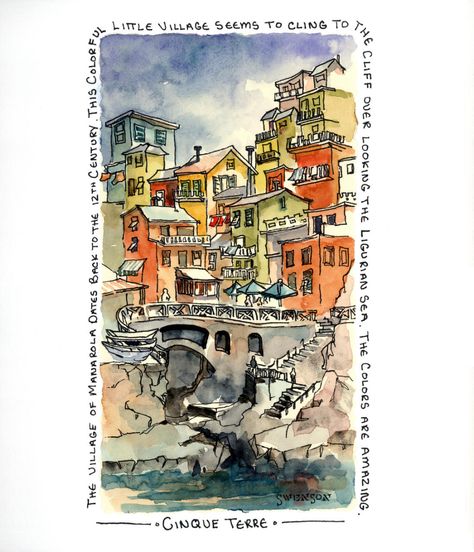 Sketchbook Skool | Fakulty | Brenda Swenson Brenda Swenson, Sketch Note, Travel Art Journal, Travel Sketchbook, Sketch Journal, Watercolor Architecture, Cinque Terre Italy, Artist Journal, Watercolor Journal