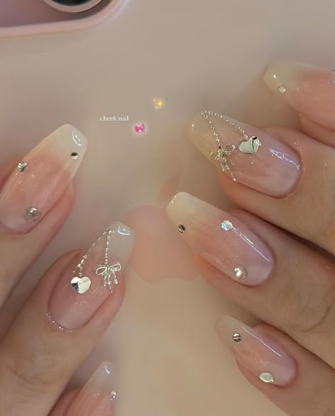 Wedding Nails Bridesmaid Square, Blush Nails With Charms, Square Coquette Nails, Nails With Charms Simple, Nail Inspo With Charms, Gem Nail Designs, Chinese Nails, Purple Glitter Nails, Aesthetic Nail