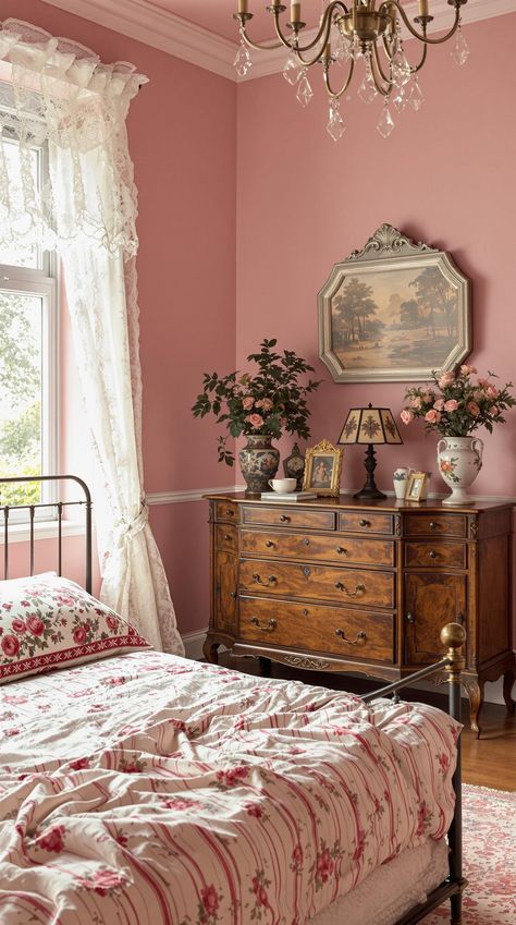 Pink Bedroom Ideas Pink Victorian Bedroom, Vintage Pink Bedroom, English Cottage Bedroom, Pink Bedroom Ideas, Pink Art Deco, Pink Victorian, Victorian Bedroom, Classic French Style, Fantasy Rooms