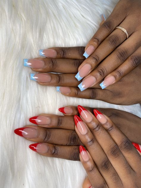 Sharp French Tip Nails, Red Nail Designs Almond, Red French Tip Nails Almond, French Tips Blue, French Tip Nails Design, Natural Nail Color, Dark Skin Nail Color, Black And Blue Nails, Red French Tips