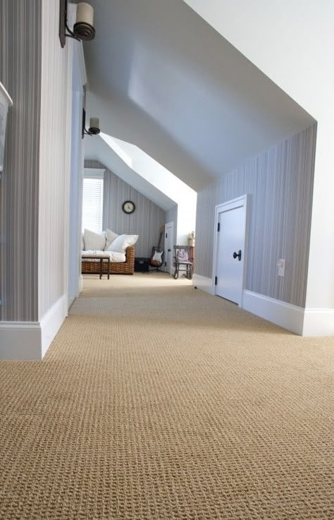 Bringing Wall-To-Wall Carpet Back - Chris Loves Julia Contemporary Family Room, Interior Hotel, Sisal Carpet, Orange Carpet, Textured Carpet, Attic Renovation, Upstairs Bedroom, Attic Bedroom, Attic Rooms