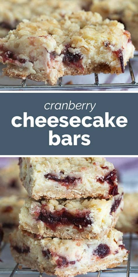 These Cranberry Cheesecake Bars are perfect for the holidays and beyond. Made with an oat crust and filled with a cheesecake layer, cranberry layer, and then topped with an oat crumble, these bars are sweet, tart, and just perfect. Cranberry Bars With Cream Cheese, Cranberry Cheesecake Bars, Gooey Desserts, Oat Crust, Bars With Cream Cheese, Cranberry Bars, Cranberry Cheesecake, Cheesecake Layer, Oat Crumble