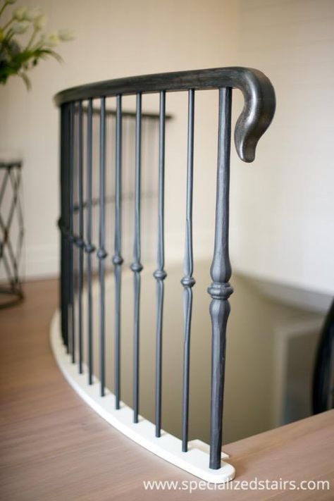 Metal Stairs Railing Ideas, European Stair Railing, Painted Iron Stair Railing, Indoor Wrought Iron Railing, Farmhouse Baluster Ideas, Interior Iron Railings, Wrought Iron Stair Balusters, French Stair Railing, French Country Staircase Railing