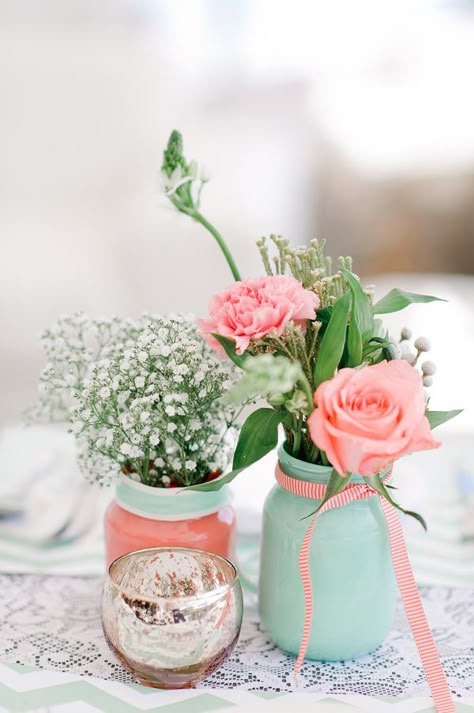 mint and coral centerpieces, photo by Nadia Meli http://ruffledblog.com/western-cape-beach-wedding #weddingideas Tiffany Blue Wedding Decorations, ขวดโหล Mason Jar, Coral Centerpieces, Beach Wedding Pink, Blue Wedding Decorations, Wedding Mint Green, Tiffany Blue Wedding, Beach Wedding Reception, Beach Wedding Inspiration