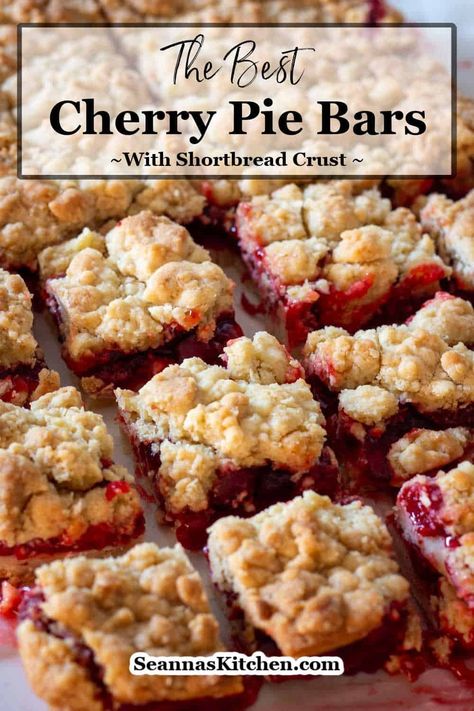 Calling all cherry lovers! These Cherry Pie Bars with shortbread crust are so easy - we're talking buttery shortbread, a layer of canned cherry pie filling, and a sprinkle of crumb topping made with cake mix. Done and done! They're perfect for when you want a taste of summer pie without all the fuss. Cherry Oatmeal Bars, Canned Cherry Pie Filling, Cherry Pie Bars Recipe, Canned Cherry Pie, Cherry Crumb Pie, Pie Filling Desserts, Bars With Shortbread Crust, Apple Pie Bars Recipe, Cherry Pie Cookies