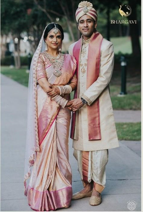 Groom Marriage Outfit, Bride Groom Color Combination Indian, Bride And Groom South Indian Wedding Outfit, Tamil Groom Outfit, Telugu Groom Wedding Dress, Engagement Groom Outfit Indian, Indian Groom Wedding Outfit, Kanjeevaram Bride, Couple Dress Matching Indian Simple