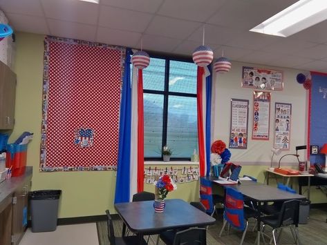 Patriotic Themed Classroom, America, USA, Decor, red, white, and blue Red White And Blue Classroom, Patriotic Classroom Theme, Blue Classroom, Patriotic Classroom, Nautical Classroom, Kindergarten Classroom Decor, Prek Classroom, Sound Wall, School Hallways