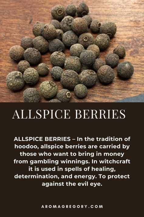 ALLSPICE BERRIES – In the tradition of hoodoo, allspice berries are carried by those who want to bring in money from gambling winnings. In witchcraft it is used in spells of healing, determination, and energy. To protect against the evil eye. Herbal Correspondences, Herbs Properties, Herbs And Uses, Herb Magick, Native American Rituals, Magick Herbs, Digital Grimoire, Witches Garden, The Old Gods