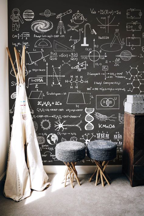 This Science Chalk Board wall mural is perfect for any room that needs some action on the walls. Ignite your children's curiosity with the complex formulas of every day science which creates a cool back drop to any room. The dark chalk effect on this wallpaper mural is perfect for a play room or children's room. Science Bedroom Decor, Scientific Formulas, Science Bedroom, Boho Homes, Boys Bedroom Wallpaper, Peel And Stick Wall Murals, Science Room, Science Classroom Decorations, Science Decor