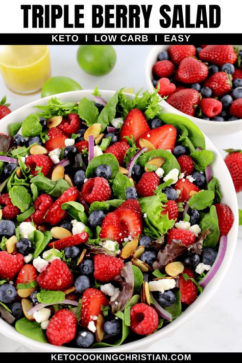 This colorful Triple Berry Salad is a delicious combination of sweet, juicy berries, creamy goat cheese, and mixed greens, tossed in honey lime vinaigrette. It's a beautiful and refreshing summer salad, perfect for any occasion. Berry Salad Recipe, Keto Beginner, Honey Lime Vinaigrette, Main Salad, Creamy Goat Cheese, Beginner Recipes, Light Soups, Strawberry Spinach, Berry Salad