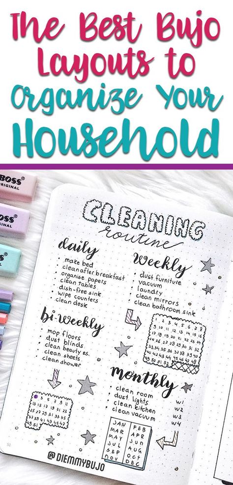 Bullet journal cleaning layouts and more to help with household management! Learn how bullet journaling is perfect to help make your life easier through spreads for Konmari, cleaning routines, household projects, spring cleaning, and other great inspirational bullet journal ideas! Bullet journal ideas for chores. #bulletjournaling #chores #bujo #bulletjournal #bujolayouts #planner #planning #journalideas #cleaning #journal #organization Cleaning Journal, Dot Journal Ideas, Dot Journaling, Journal For Beginners, Bujo Layout, Bullet Journal For Beginners, Grid Journal, Cleaning Routines, Digital Bullet Journal