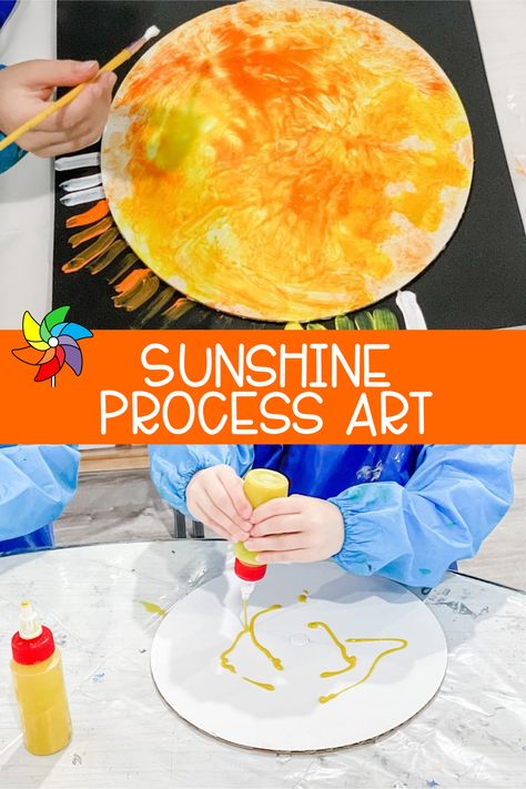 Brighten up the classroom with this beautiful sunshine process art project for preschoolers! This easy and beautiful sun art project is sure to make even the dreariest day sunny in the preschool classroom. Find all of the process art supplies and step-by-step directions HERE!  #Prek #Preschool #Prekindergarten #Homeschool #Kindergarten Sun Process Art Preschool, Sun Lessons For Kindergarten, Sun Preschool Activities, Preschool Sun Crafts, Sun Activities Preschool, Sun Art For Kids, Sun Activities For Kids, Sun Crafts For Preschoolers, Sun Art Project