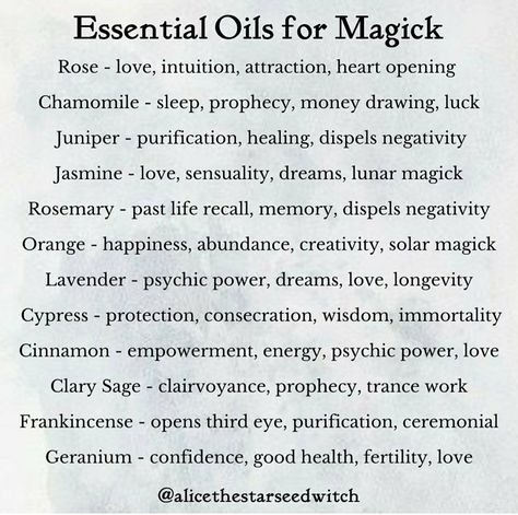 Essential Oils Meaning Witchcraft, Magical Oils Recipes, Oil Magical Properties, Witch Correspondence, Spell Oil Recipe, Monday Magick, Essential Oil Meanings, Essential Oil Magic, Witch Oils