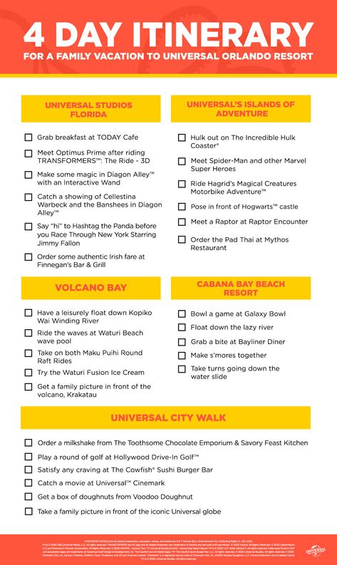 Take a look at this checklist as you plan for your next family vacation to Universal Orlando Resort! Universal Studios Checklist, Universal Studios Vacation Planning, Universal Studios Trip Planning, Universal Studios Packing Checklist, Universal Orlando Itinerary, Universal Studios Orlando Itinerary, Universal Studios Orlando Packing List, Universal Studios Orlando Planning Printables Free, Universal Orlando Tips