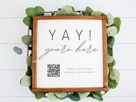 Wifi Art Print, Custom Wifi Sign, Wireless Network Decor, Home Office Wall Art, Printable Wifi Password, Tech Decor, Yay You're Here - Etsy Small Guest Room Ideas Cozy, Wifi Password Sign Funny, Guest Room Decor On A Budget, Diy Wifi Password Sign, Guest Room Signs Wall Decor, Air Bnb Signs, Guest Bedroom Decor Cozy, Small Guest Room Decor, Bnb Ideas Interior Design