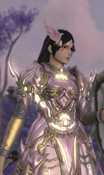 Pink Barbarian Aesthetic, Pink Armor, Fantasy Samurai, Oc Group, Pink Warrior, Ffxiv Glamour, Pink Glamour, Eorzea Collection, Shoulder Armor