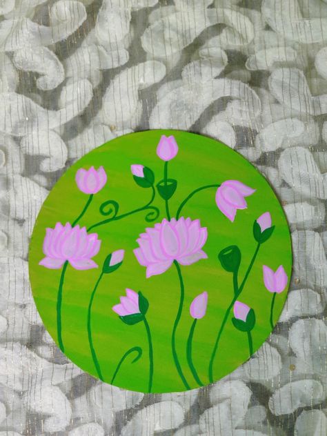 Painting lotus in pichwai style using acrylic colors on cardboard. #artwork #painting #acrylicpainting #pichwaiart #pichwailotus #lotuspainting Art On Circle Cardboard, Pichwai Lotus Painting, Painting On Mdf Board, Pichwai Lotus, Painting Lotus, Pichwai Art, Pichwai Painting, Gond Painting, Lotus Painting