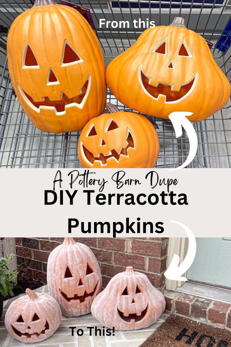 Diy Porch Pumpkin Decor, Fake Terracotta Pumpkins, Diy Terracotta Pumpkin Paint, Stone Pumpkin Diy, Faux Terracotta Pumpkin Diy, Faux Terracotta Pumpkin, Diy Outdoor Pumpkin Decorations, Cement Jack O Lantern, Painting Pumpkins To Look Like Terra Cotta