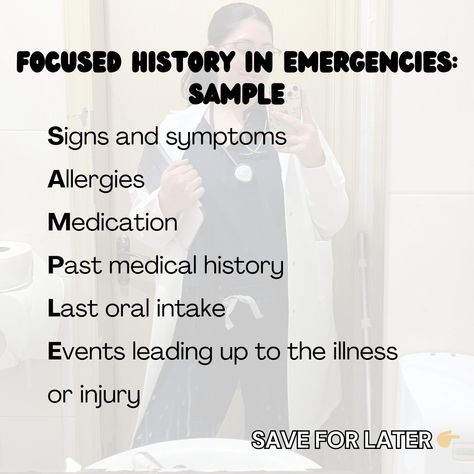 Swipe to see how to take a focused Emergency History using SAMPLE 👩🏻‍⚕️ 👉🏼In emergencies, every second counts! ⏱️Use SAMPLE to quickly gather essential patient information 💡 🤒S: Signs & Symptoms (What are the patient’s current complaints?) 🚫A: Allergies (Any known allergies to medications, foods, or other substances?) 💊M: Medications (What medications is the patient currently taking?) 🏥P: Past Medical History (Any relevant past medical conditions or surgeries?) 🍽️L: Last Oral Intake (Wh... Medical Humor, The Patient, Med School, Medical History, Signs And Symptoms, School Resources, School Hacks, Medical School, Medical Conditions